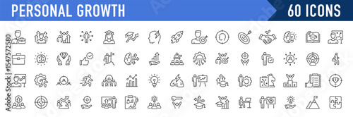 Personal growth web icons in line style. Growth profit, career progress, business people, strategy, coaching, tutorship, collection. Vector illustration.
