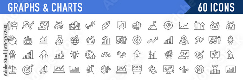 Graph and Charts web icons in line style. Graphics, infographic, statistics, data, diagrams, economy reduction, finance, down or up arrow, business, increase, decrease. Vector illustration.
