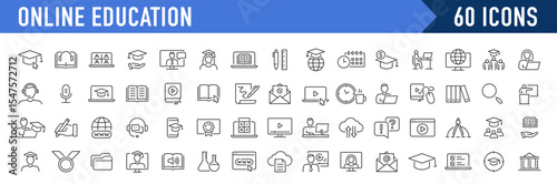 Online Education and E-learning web icon set in line style. E-book, video tutorial, mentor, distance learning, video and audio courses, collection. Vector illustration.
