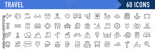 Travel and tourism web icons in line style. Airplane, trip, beach, passport, luggage, camping, hotel, summer vacations, collection. Vector illustration.