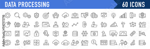 Data Processing web icons in line style. Analytics, gear, network, statistic, filter, diagrams, technology. Icon collection. Vector illustration.