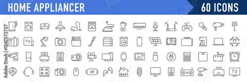 Home Appliances web icons in line style. Household appliance, vacuum cleaner, refrigerator, TV, cooking, entertainment, conditioning, dishwasher, collection. Vector illustration.