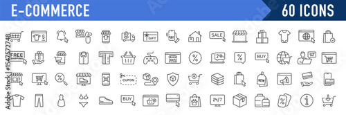 E-Commerce web icons in line style. Online shopping, digital marketing, delivery, coupon, shop, discount, bank card, gifts, shop collection. Vector illustration.