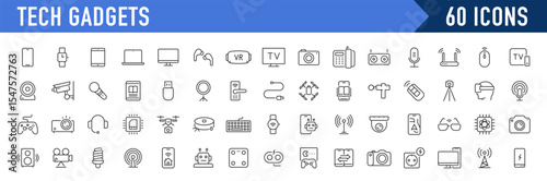 Tech Gadgets web icons in line style. Phone, tablet, laptop, startup, tv, dron, robot, game controler, vr, headphones, projector, collection. Vector illustration.