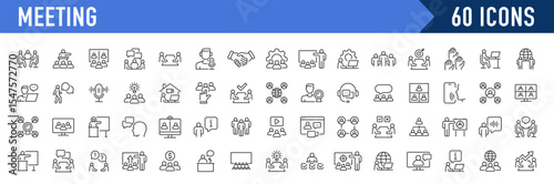 Meeting web icon set in line style. Conference, team, brainstorm, seminar, interview, collection. Vector illustration.