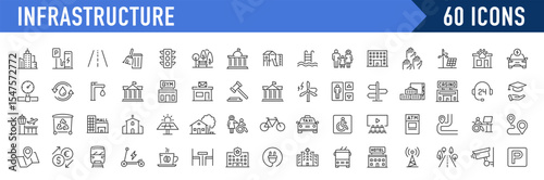 Infrastructure web icons in line style. Transport, road, mall, airport, police, school, park, water, collection. Vector illustration.