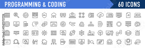 Programming and Coding web icons in line style. Software, development, legal, cloud computing, programmer, data, collection. Vector illustration.