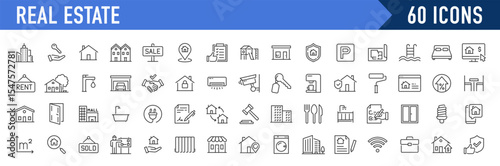 Real Estate web icons in line style. Rent, building, agent, house, auction, property, mortgage, home, realtor, collection. Vector illustration.