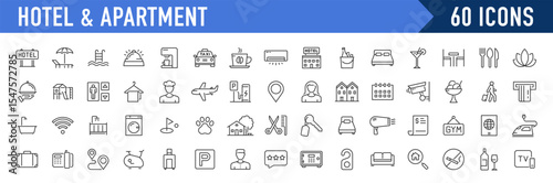 Hotel and apartament web icons in line style. Rental, reservation, hotel booking, room, parking, travel, service, airport, collection. Vector illustration.