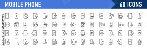 Mobile phone web icons in line style. Smartphone, telephone, call, chat, voice, message, mail, pay, pin, live, collection. Vector illustration.