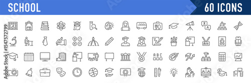 School web icons in line style. Education, knowledge, teacher, class room, study, language, collection. Vector illustration.Art