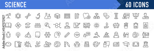 Science web icons in line style. Genetics, biology, chemistry, astronomy, logics, psychology, medicine, collection. Vector illustration.