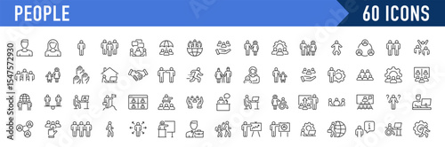 People icons in line style. Team, business people, human resources, collaboration, research, women, meeting, partnership, support, businessman. Collection. Vector illustration.