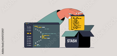 developer's hand stashing code block into box from editor screen, vector illustration for version control stashing, context switching in programming and temporary code storage