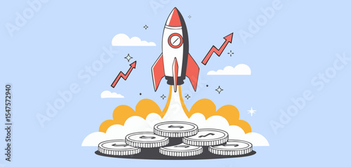 rocket launching from pile of coins with upward growth arrows, vector illustration for successful ipo launch, new stock offering and rapid financial takeoff
