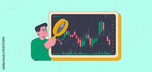 financial analyst examining stock candlestick chart with magnifying glass, vector illustration for technical market analysis, investment research and trading strategy