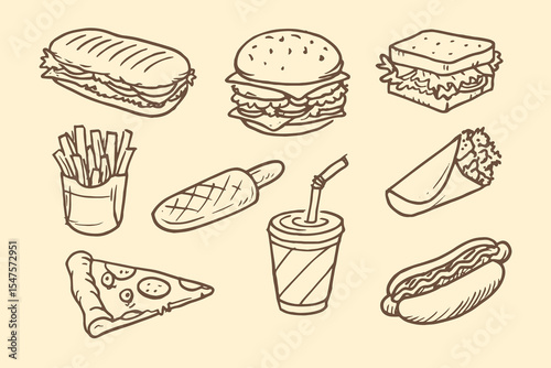 fast food set ink sketch vector illustration