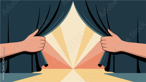 hands pulling open stage curtains to reveal bright light, vector illustration for unveiling new perspective, grand opening and discovery announcement