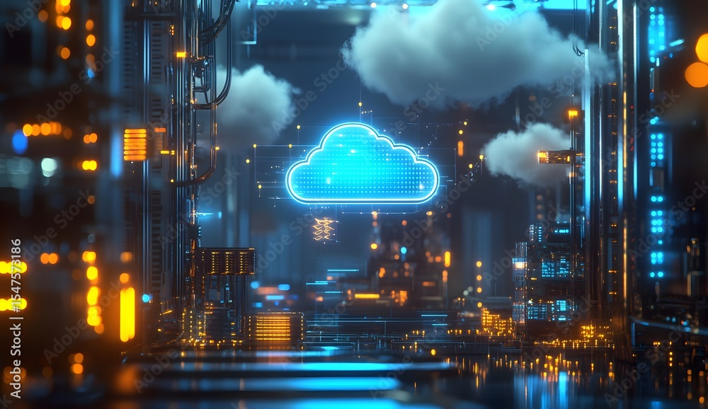 Fototapeta premium 3D rendering of a cloud icon floating above rows of server equipment in a data center with glowing blue lights, symbolizing cloud computing technology.