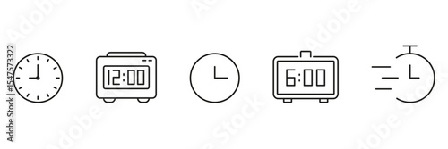 Clock And Timer Line Icon Set. Time Management, Alarm, And Stopwatch Outline Symbol Collection. Analog And Digital Clocks, Speedy Timer. Editable Stroke. Isolated Vector Illustration