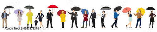 People with umbrella in rainy day. Man and woman in raincoat under rain vector flat characters isolated