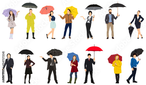 People with umbrella in rainy day. Man and woman in raincoat under rain vector flat characters isolated
