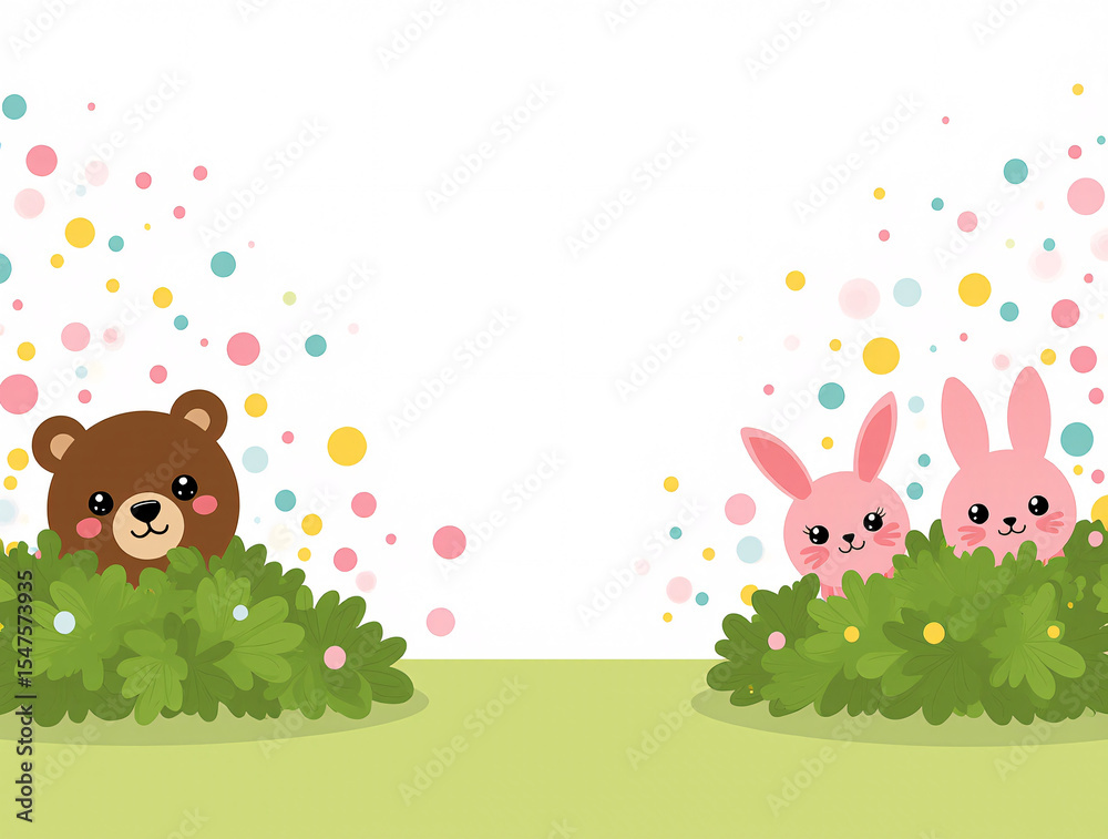 Obraz premium A heartwarming watercolor illustration of a brown bear and a cream rabbit sitting in a flower field, Cute cartoon animals enjoying sweets in a garden setting, featuring a bear, a rabbit. Generative ai