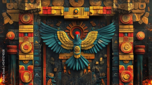 Ornate aztec style temple facade with a bird emblem and colorful details.