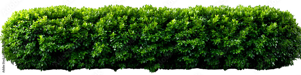 Obraz premium Long hedge of dense green bushes trimmed in straight line, hi-res detail with slight natural shadow