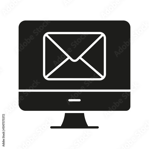 Computer With Email Envelope Solid Icon. Digital Communication, Online Messaging, And Email Notification Silhouette Symbol. Internet Connectivity. Isolated Vector Illustration