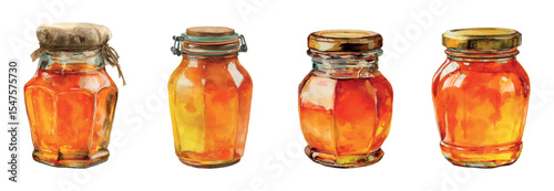 Watercolor set of honey jars. Glass jars with lids filled with fresh liquid honey. Beekeeping and honey collection concept. Fresh summer honey. Vector illustration.