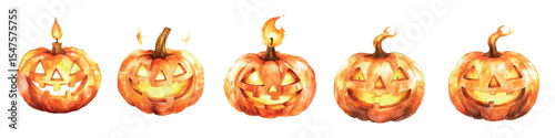 Cartoon set of pumpkins with evil faces and burning tops. Creepy stinking pumpkins in watercolor style. Halloween elements, autumn etc. Halloween symbols Vector illustration.