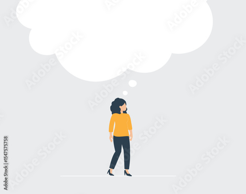Illustration of a businesswoman who thinks big. Woman with large speech bubble, creative business ideas and imagination. Concept of innovation, communication and women empowerment. Vector illustration