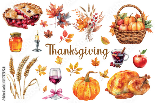 Set of watercolor Thanksgiving symbols. Baked turkey, berry pie, wheat, pumpkin, wine, basket with autumn harvest, lantern and other symbols of the festive table. Happy Thanksgiving.