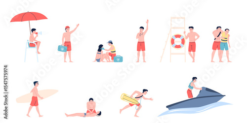 Beach lifeguard. Rescuers patrolling beachside, emergency in water. First aid for drowning people, swimmers safety and vacationers, recent vector set