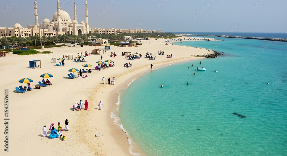 Obraz premium Serene beach scene with turquoise water, white sand, people enjoying leisure time and grand architecture backdrop