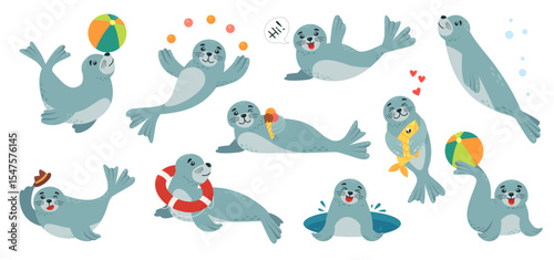 Cartoon polar baby seal. Funny seals play with ball, eat ice cream, hug fish. Underwater arctic animal, cute mammals. Children mascots, classy vector set