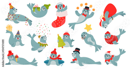 Christmas seals characters. Funny baby seal in gift sock, wear santa hat and hold gift box. Winter holidays children mascots, classy vector clipart