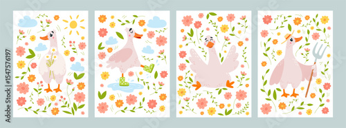 Floral goose cards. Cartoon geese with flowers and garden tools, walking on puddle in rubber boots. Funny covers design with birds, classy vector set