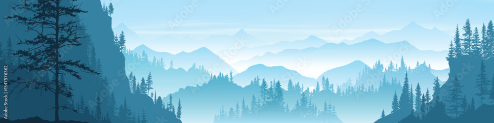 Fototapeta premium Mountain landscape with forest, mountain valley, morning light, vector illustration, panoramic view