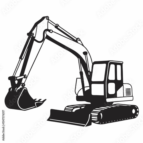 Black and White Excavator Vector Illustration – Heavy Construction Equipment Icon