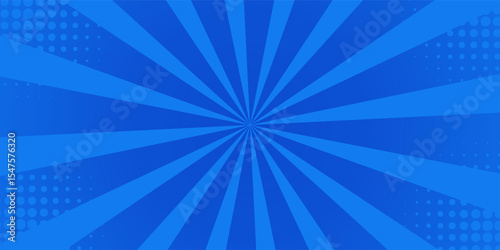 Blue comic sunburst effect background with halftone. Pop art comic-style vector background. Suitable for templates, sale banners, events, ads, web and pages