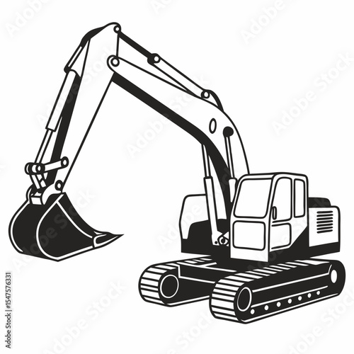Black and White Excavator Vector Illustration – Heavy Construction Equipment Icon