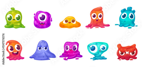 Slimy aliens. Funny jelly style monsters with big eyes. Cute ufo characters, slime colorful creatures. Children mascots, nowaday vector game set