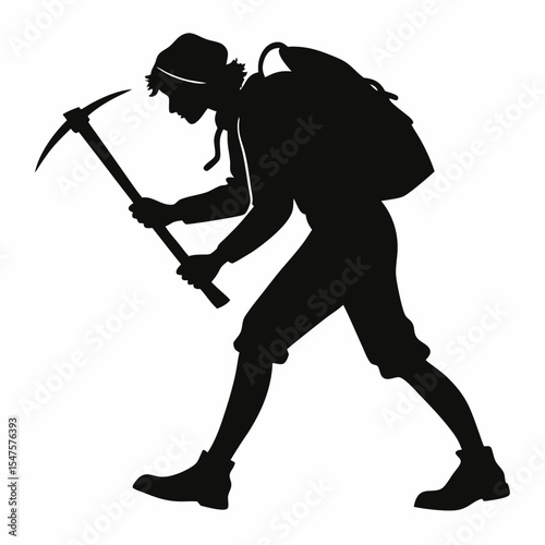 Silhouette of Explorer with Pickaxe and Backpack – Miner or Hiker Vector Design