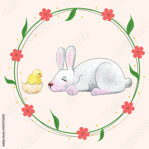 Easter bunny and chick in an egg. Vector image for Easter holiday