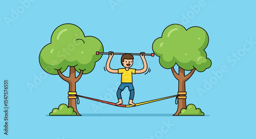 Slackline Adventure in Nature – Balance and Focus Vector Illustration