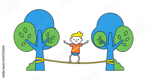 Child Balancing on Tightrope Between Trees – Playful Outdoor Vector Illustration