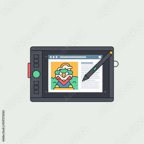 Drawing Tablet with Stylus and Colorful Character Art – Creative Vector Illustration