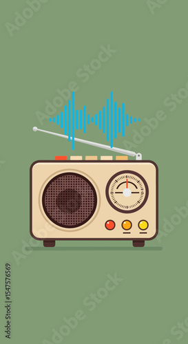 Vintage Radio with Antenna and Sound Waves – Retro Broadcasting Vector Illustration